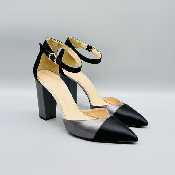 J Crew Shoes Women 8.5 Black Gray Satin Colorblock Pump Ankle Strap Block Heels - Picture 2 of 11